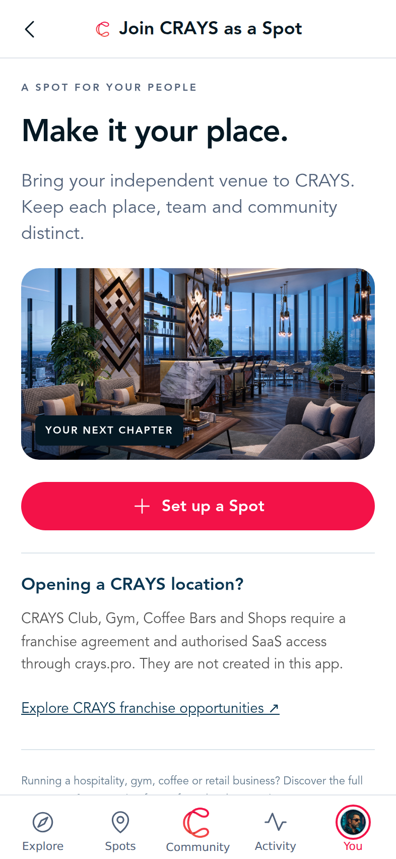 The actual CRAYS Spot entry, with independent setup and a separate franchise route