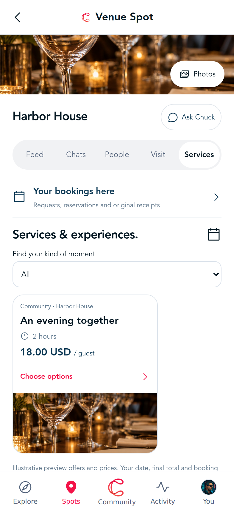 Harbor House services and experiences, with a priced offer and bookings entry