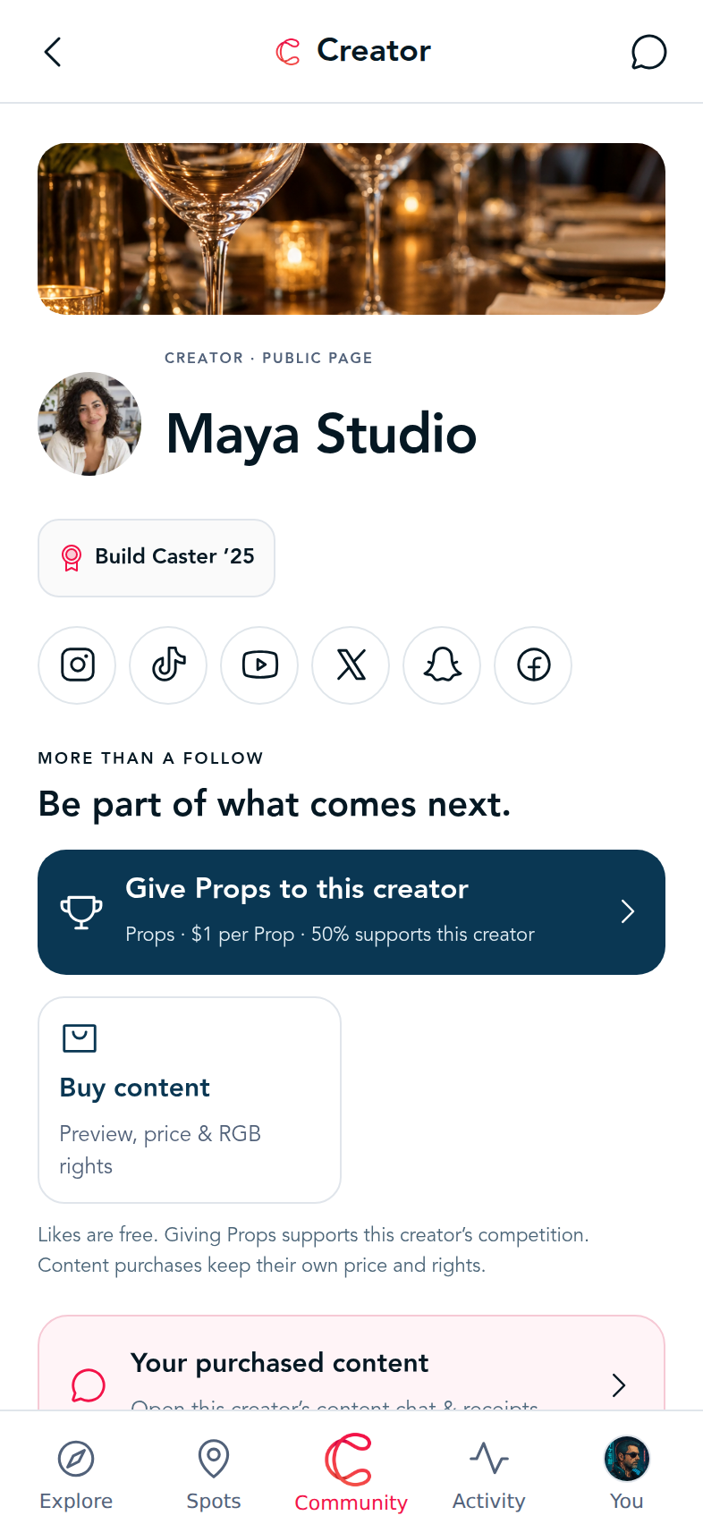 Maya Studio’s public creator profile, originals and social links