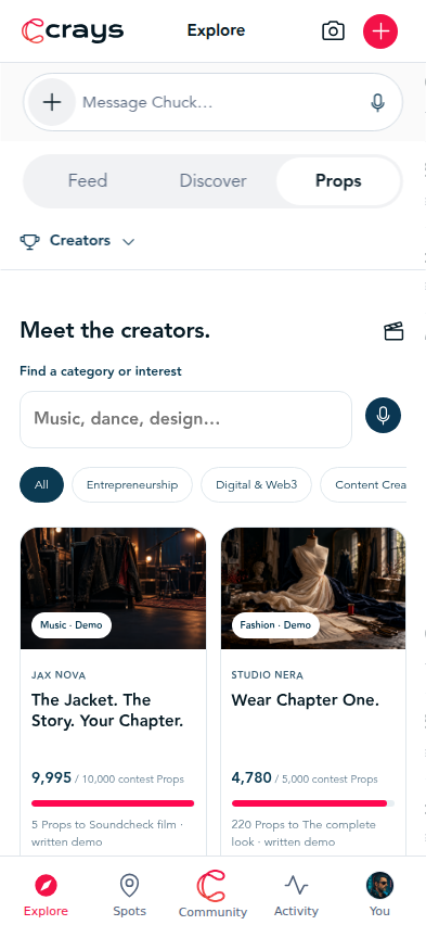 The CRAYS creator discovery view, with categories and creative campaigns