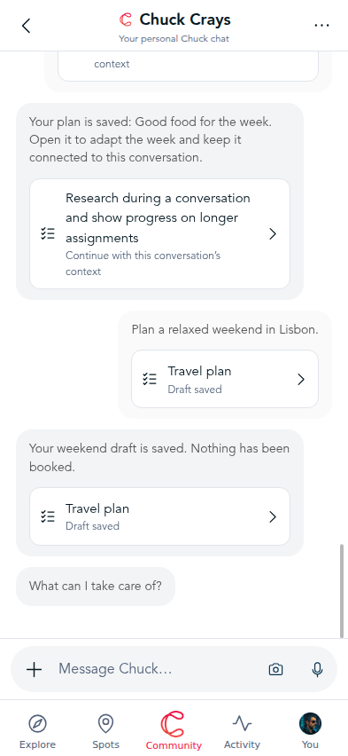 Personal Chuck conversation with a saved Lisbon travel draft