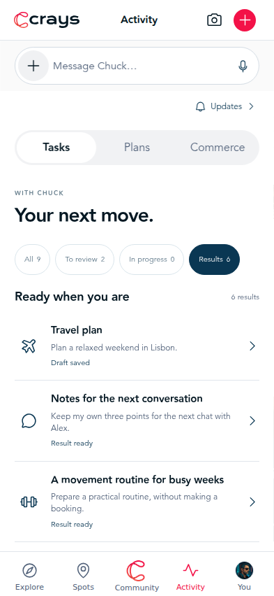 Activity Results with saved travel plan, notes and movement routine