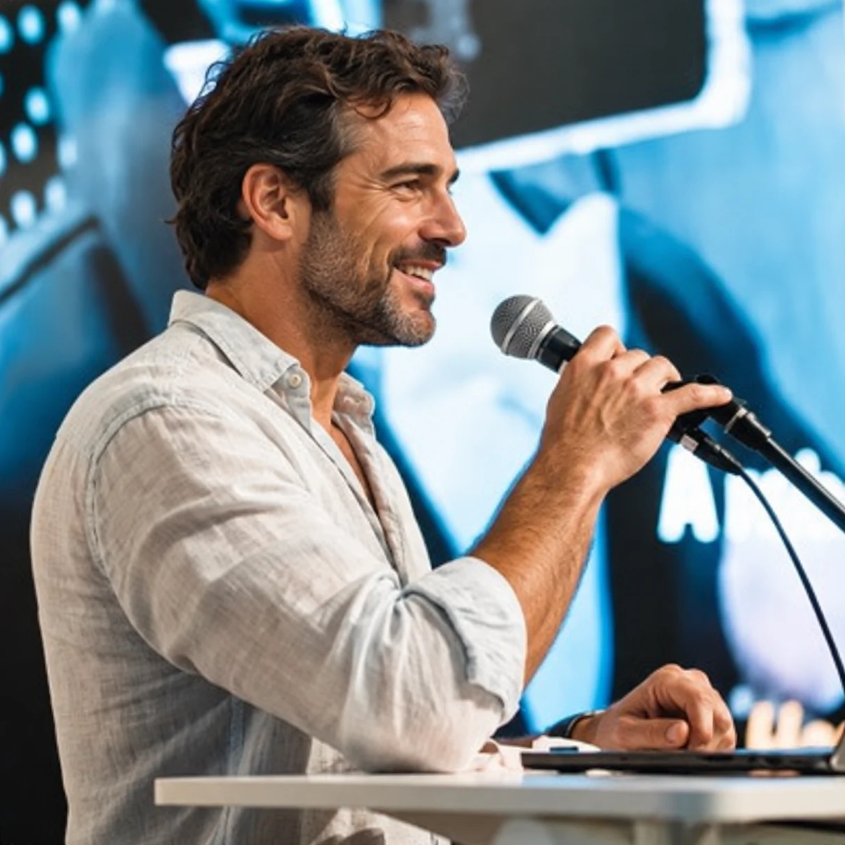 A creative speaker sharing his work at a microphone