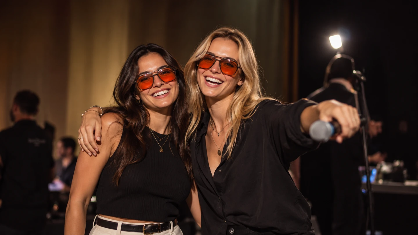 Two friends laughing together during an evening out