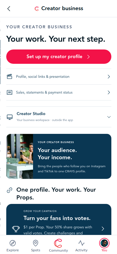 Creator business with profile, sales and Creator Studio