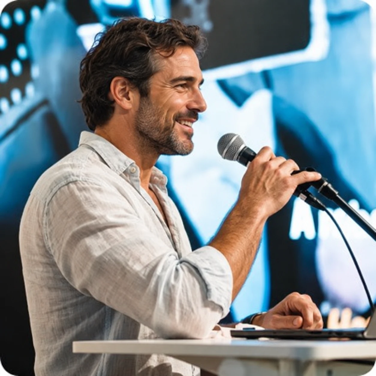 A musician sharing his work at the microphone