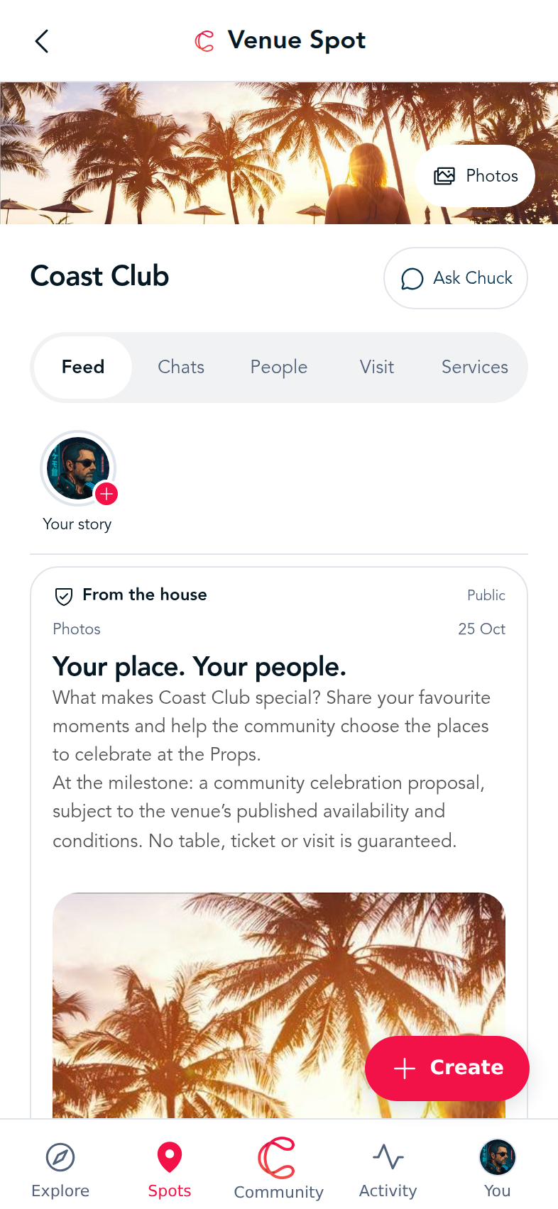 A beach club’s community feed, with stories and a Props campaign