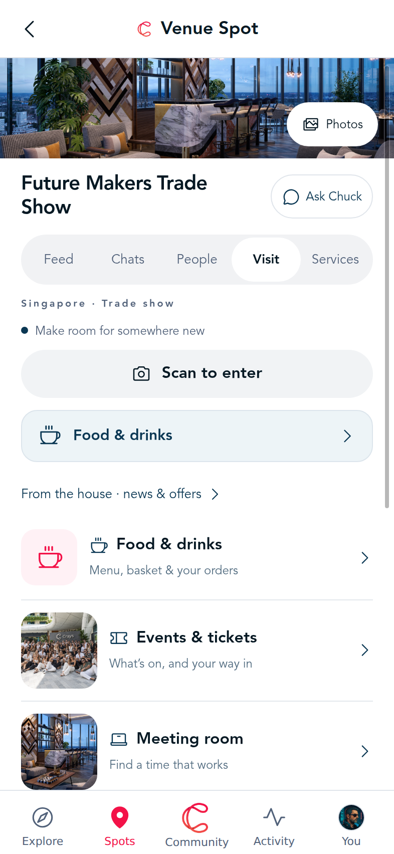 A trade show Spot with visit information, food, events and meeting rooms